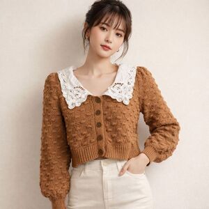 Anthropologie Cardigan Sweater Womens Small Brown Lace Collar Popcorn Knit